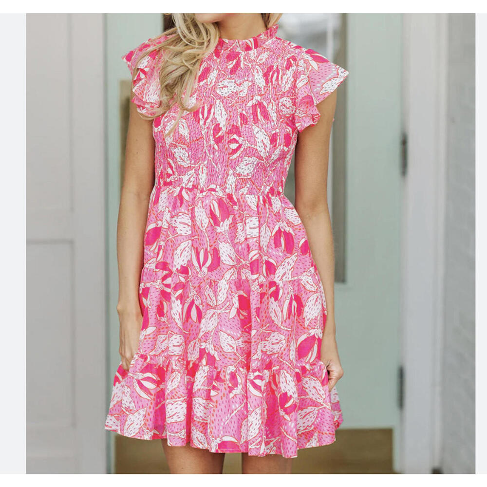 J.MARIE pink shirred flutter sleeve mini dress sz M